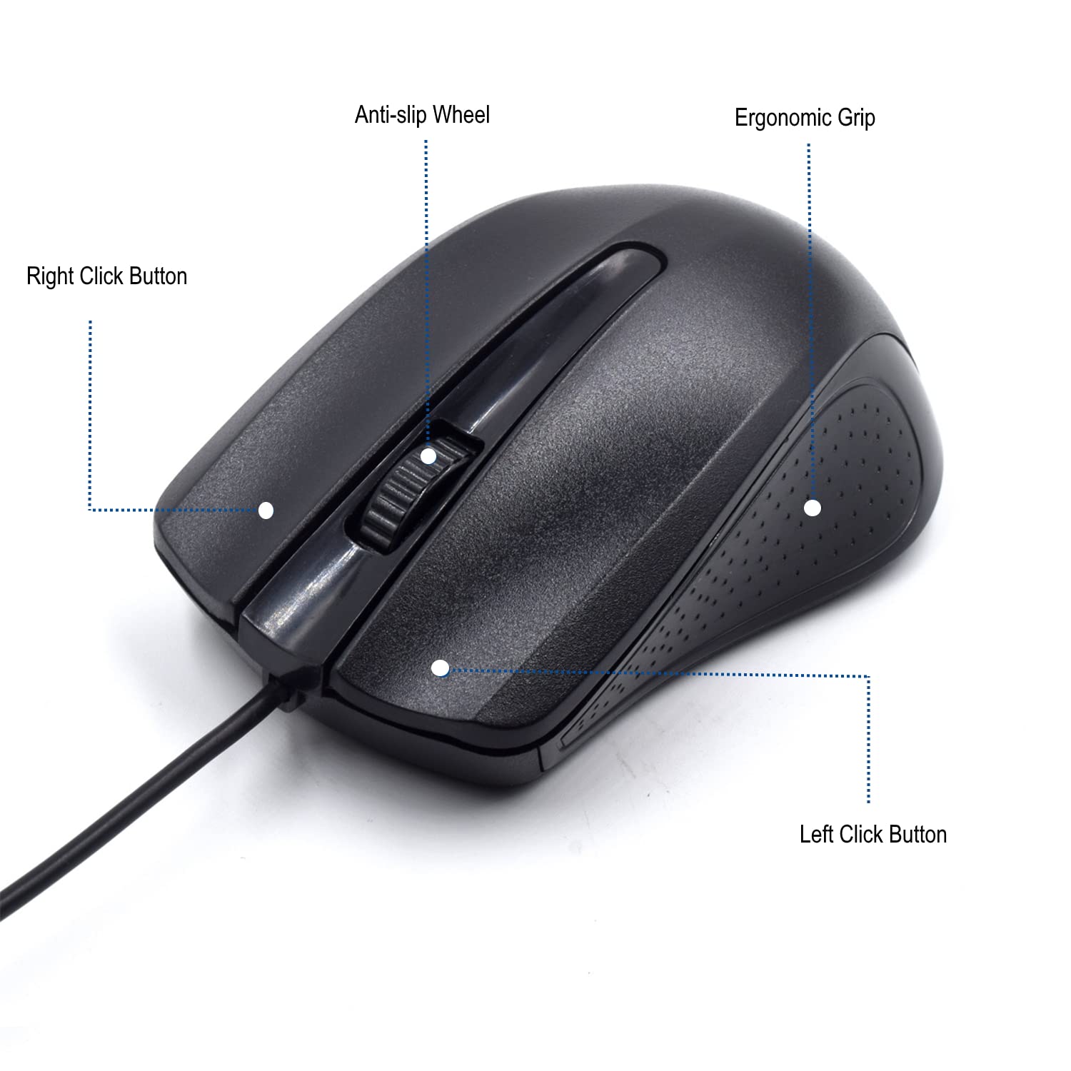 Ewent EW3300 - Mouse ottico con cavo USB a 3 pulsanti, 1000 DPI, design ergonomico, ambidestro, PC/Mac / ‎Laptop/Chromebook - ‎Nero (Confezione da 5)