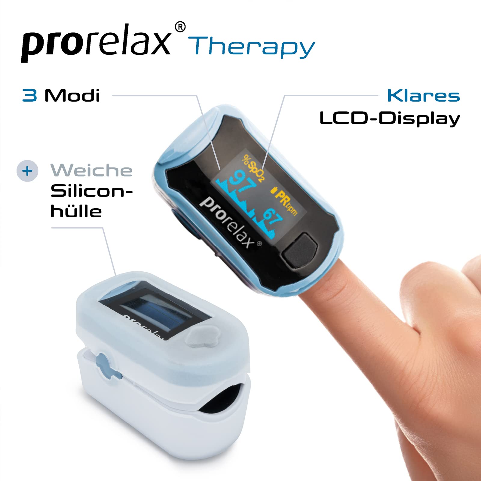 prorelax Pulsoximeter | Zur Selbstkontrolle von Herz-Frequenz, Puls-Frequenz und arterieller Sauerstoffsättigung | Einfache Messung am Finger | LED-Display mit großen Ziffern