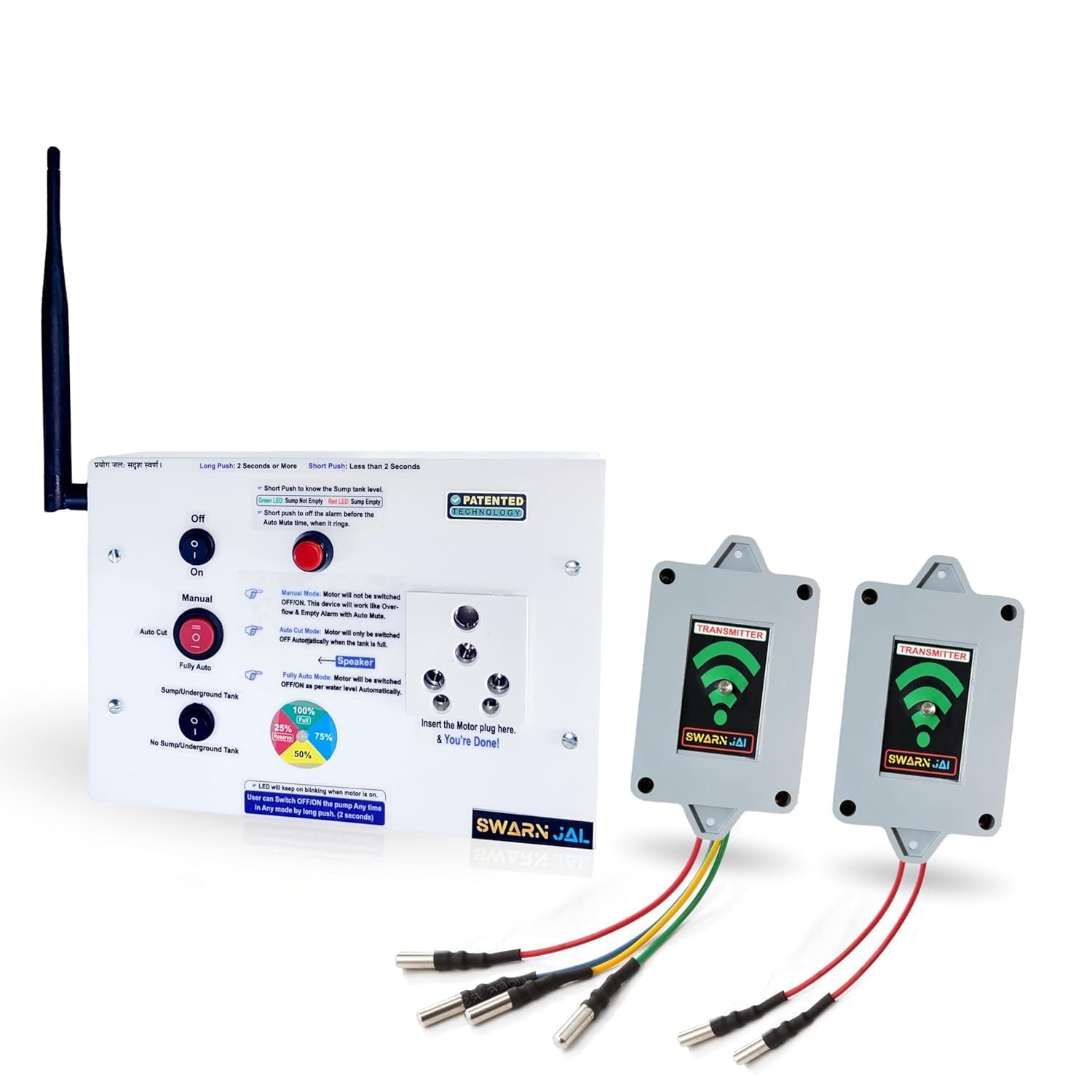 Swarn Jal (Model : WL-A-SM-DRP) Wireless Fully Automatic Water Level Controller with Dry Run Protection with Level Indicator, (Patented Technology) Fully Automatic Mode, Auto Off/Cut & Manual Mode