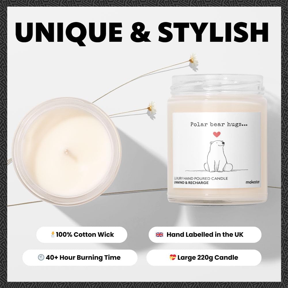 Polar Bear Gifts - Luxury Soy Wax Candle - Vanilla, Jasmine, Sugared Almond - Makester, White, 220g - Image 3