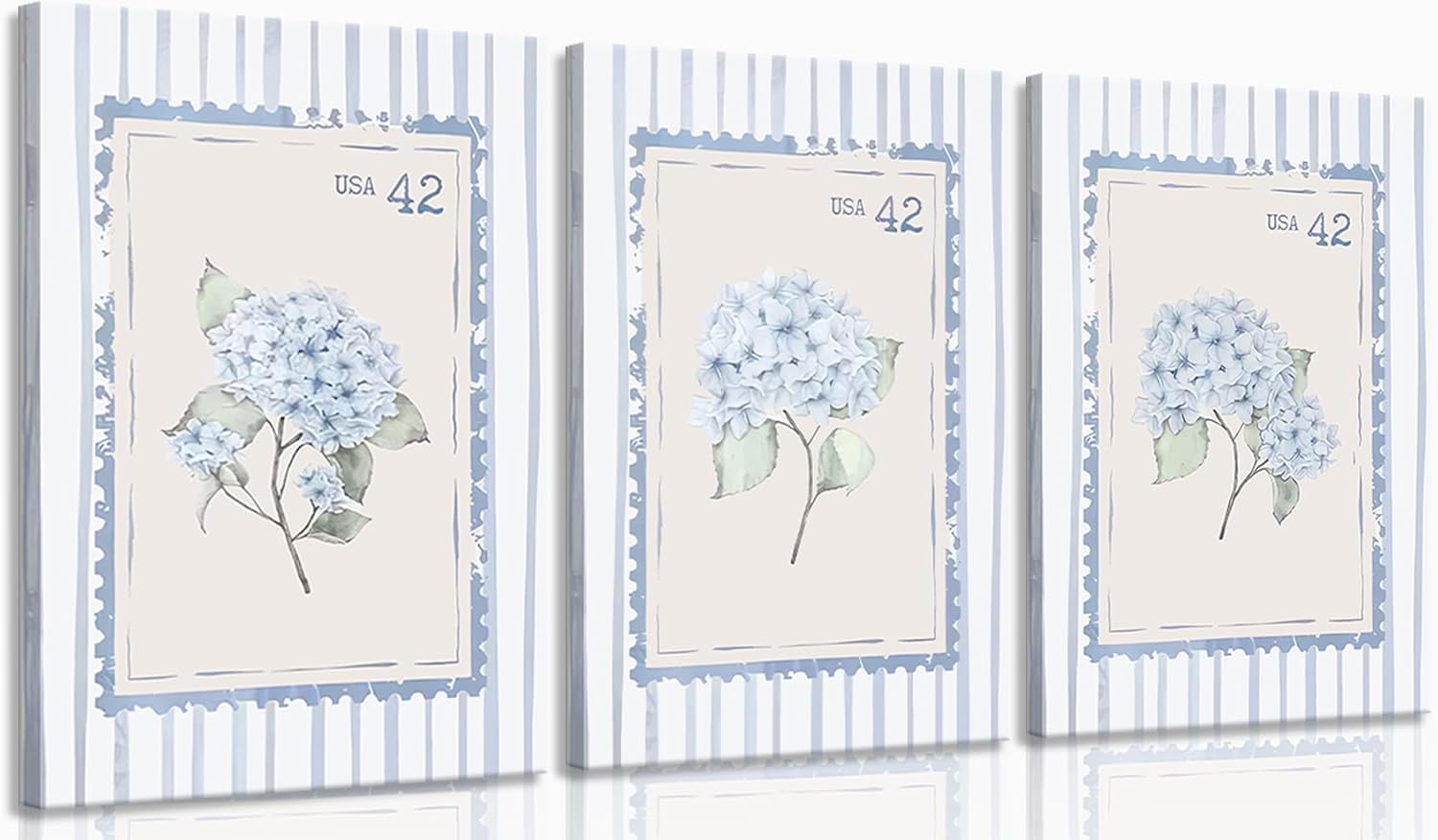lianyibo 3Pcs Blue Hydrangea Canvas Wall Art Farmhouse Striped Flower Paintings Posters Print Artwork for Girly Room Apartment(70x100cmx3/Inner frame)