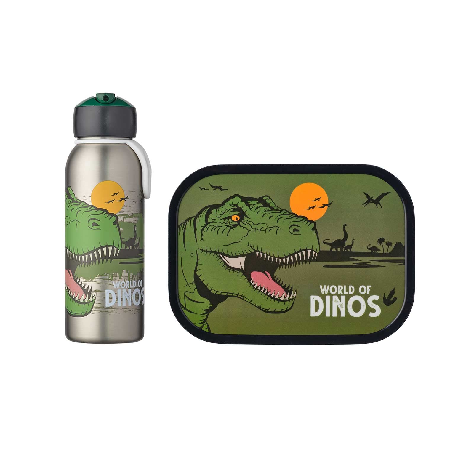 Mepal Thermo-Lunchset Flip-Up Campus | Isolierte Edelstahl Trinkflasche für Kinder | 9 Stunden heiß & 12 Stunden kalt | Bento-Brotdose mit Einsatz & Gabel | Dino
