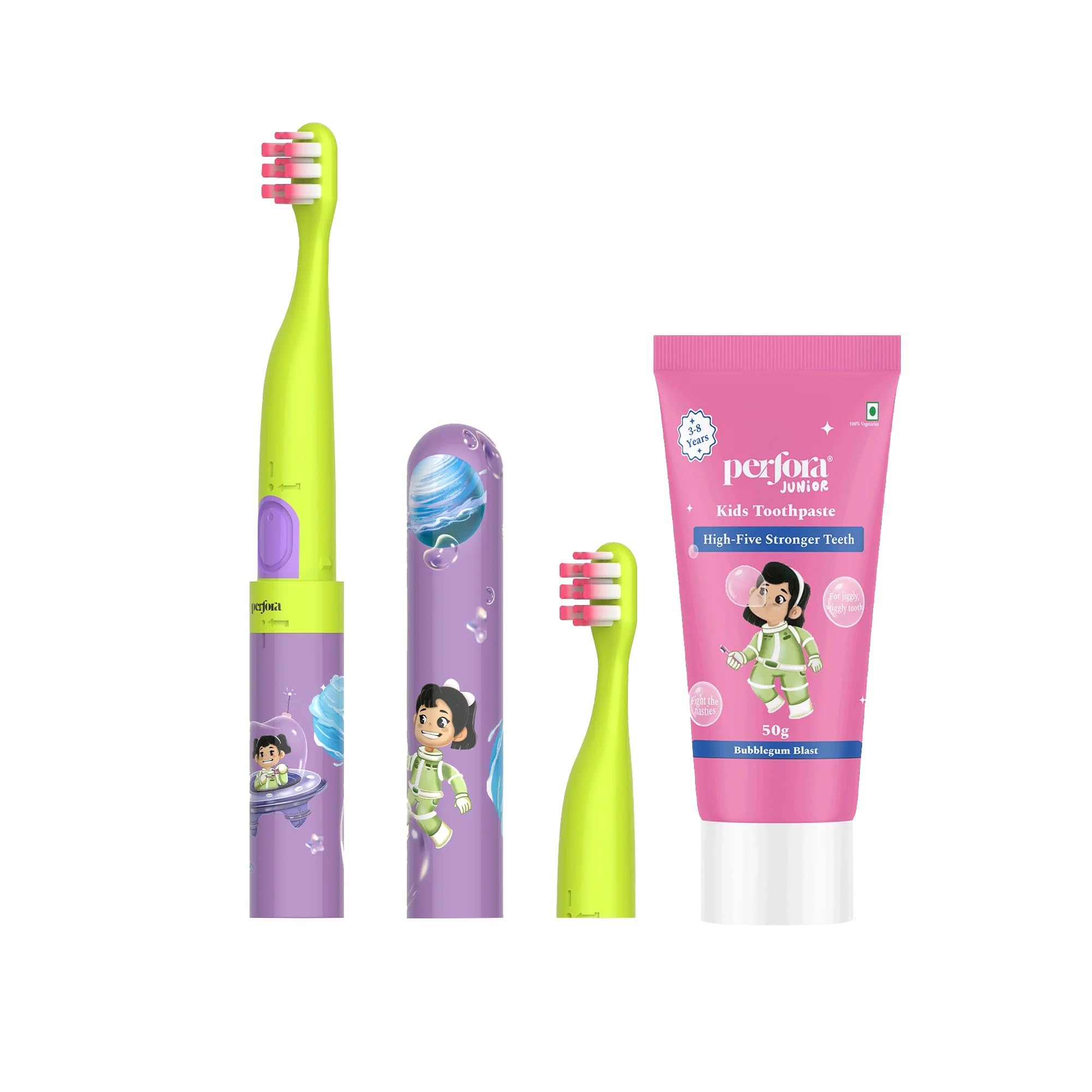 Perfora Kids Electric Toothbrush & Toothpaste Combo | With 2 Brush Head & Travel Cover | Ultra Soft Bristles | Zi + Bubblegum Blast (50g)