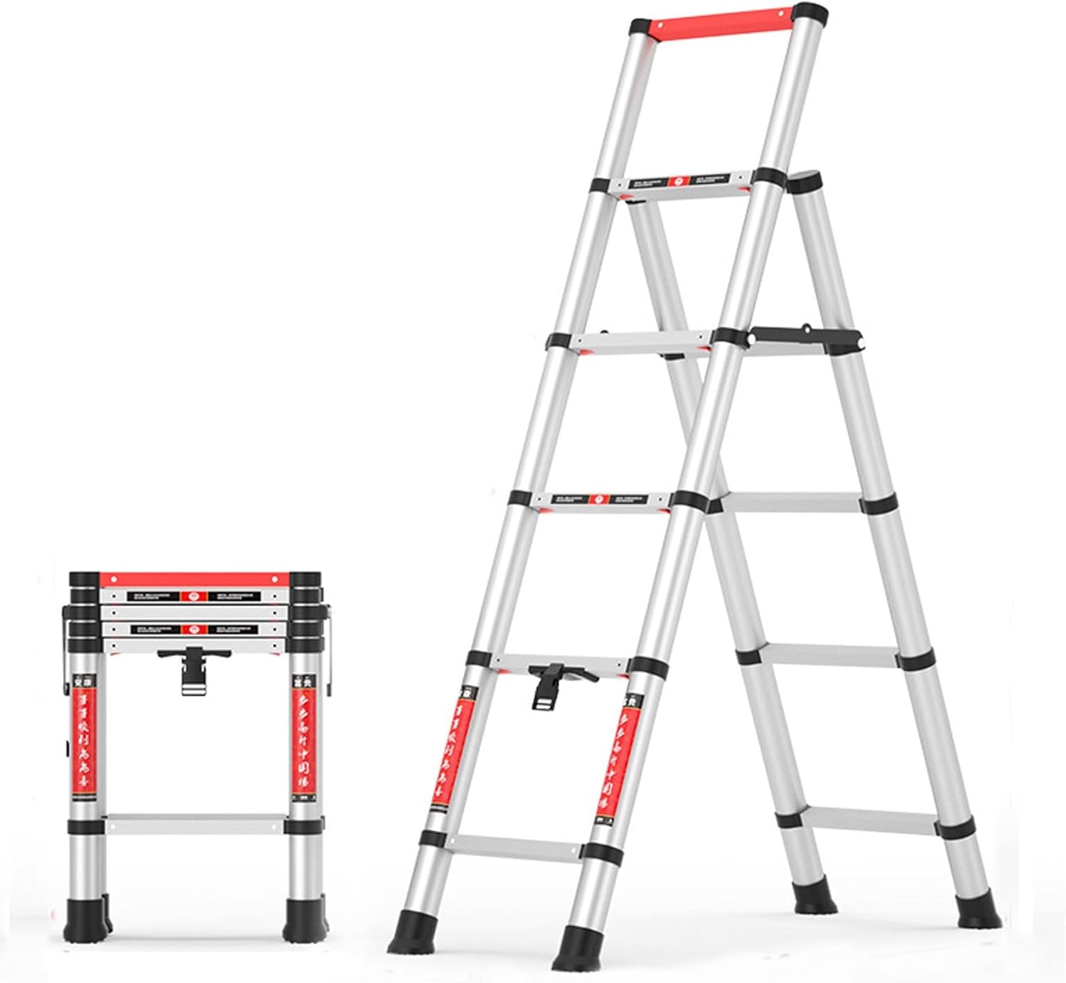 Household Stepladders 4 Steps/ 5 Steps/ 6 Steps Aluminum Telescoping Ladder with Handrail, One-Button Retraction Collapsible Extension Ladder for Home, Portable Telescopic Ladder Anti-Slip Design, 660