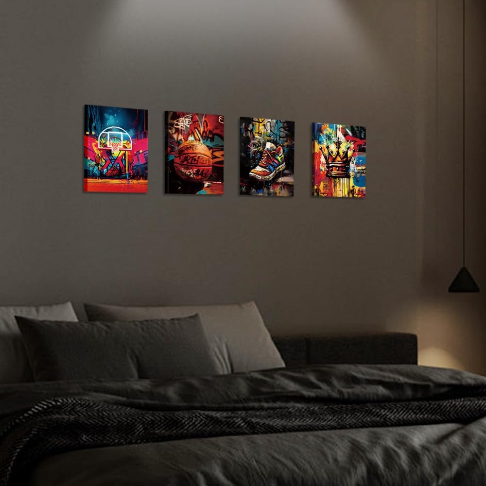 Basketball Wall Art Canvas Prints Boys Bedroom Wall Decor,Graffiti Framed Art Posters Living Room Sports Decoraions Cool Aesthetics Set of 4 (8"x10")