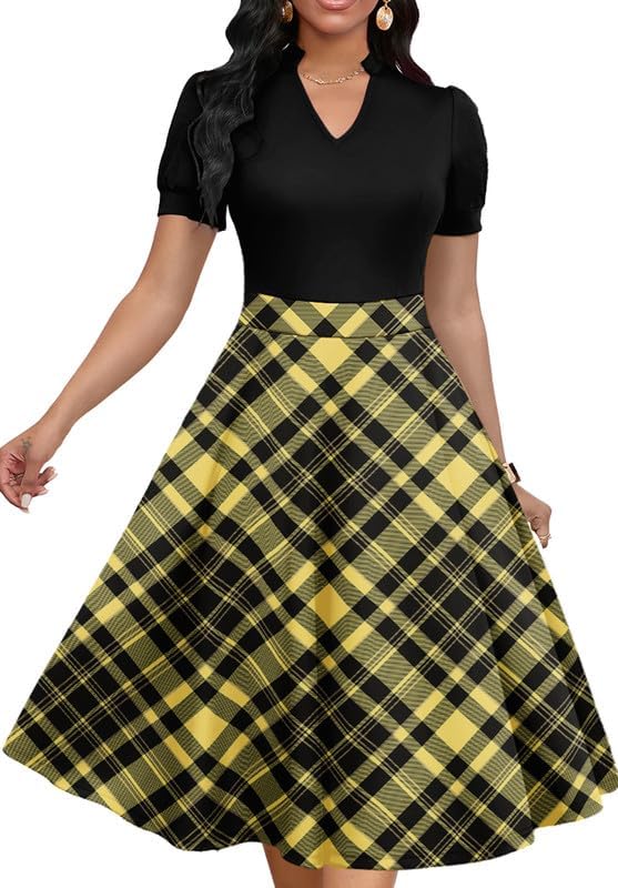 Womens Short Puff Sleeve V Neck Casual Semi-Formal Cocktail Party A-Line Dress
