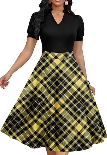 Womens Short Puff Sleeve V Neck Casual Semi-Formal Cocktail Party A-Line Dress