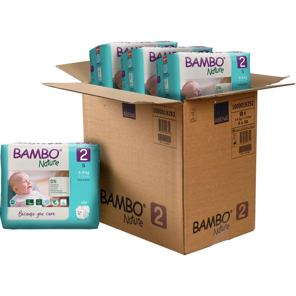 Bambo Nature Hypoallergenic Green Bag Baby Diapers, Eco-Labelled Sustainable Diapers, Enhanced Leakage Protection, Totally Chlorine-Free, Skin Friendly, and Super Absorbent - Size 2 (180 Count)