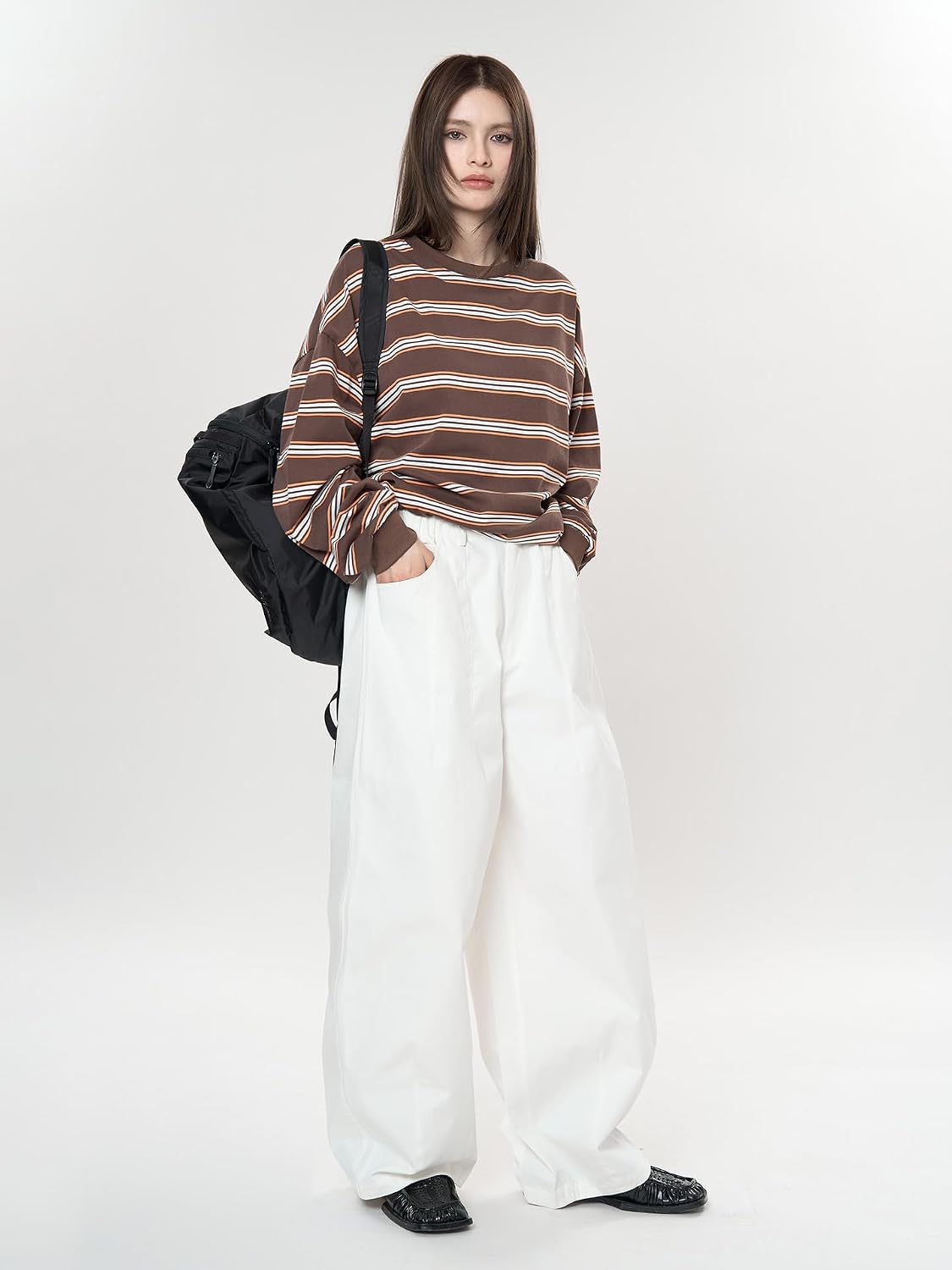 Women's Casual Pants Spring French Style Elastic Waist Wide Leg Cotton Relaxed Fit Lounging Trouser for Woman