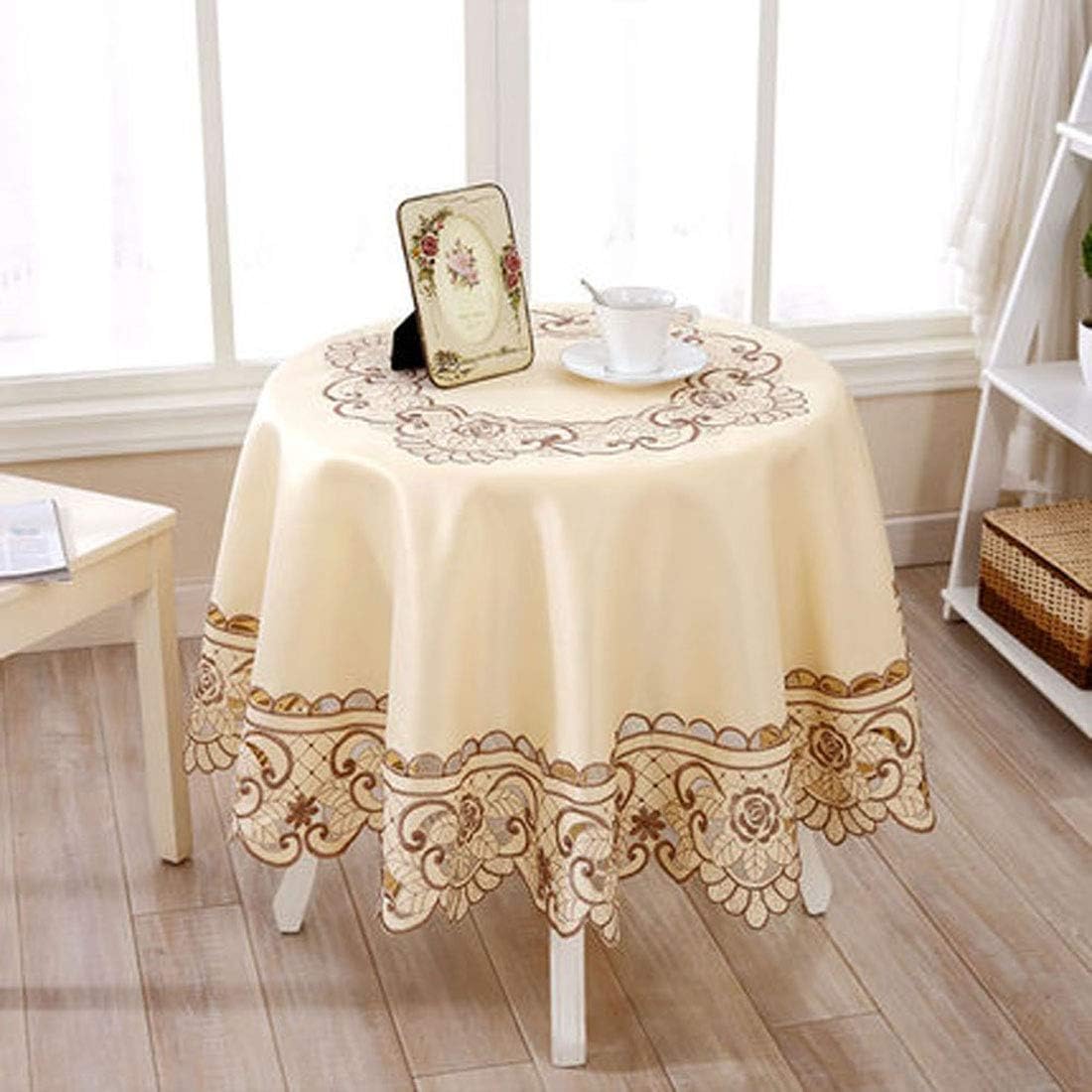 LeLehome 57" Round Brown Flower Embroidered Tablecloth, Classic Beige Polyester Vintage Large Dining Cover Table Cloth Indoor Wedding Party Hotel Cafe Home Decor