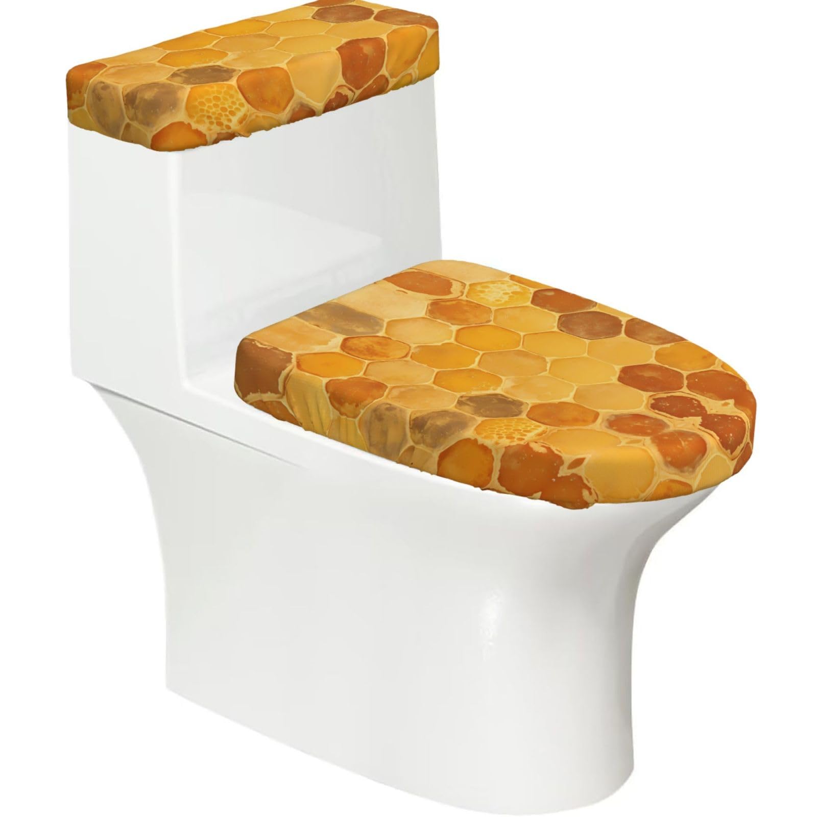 Honeycomb 2-Piece Toilet Seat Cover Set with Tank Lid - Elastic for U-Shape & Elongated - Bathroom Decor