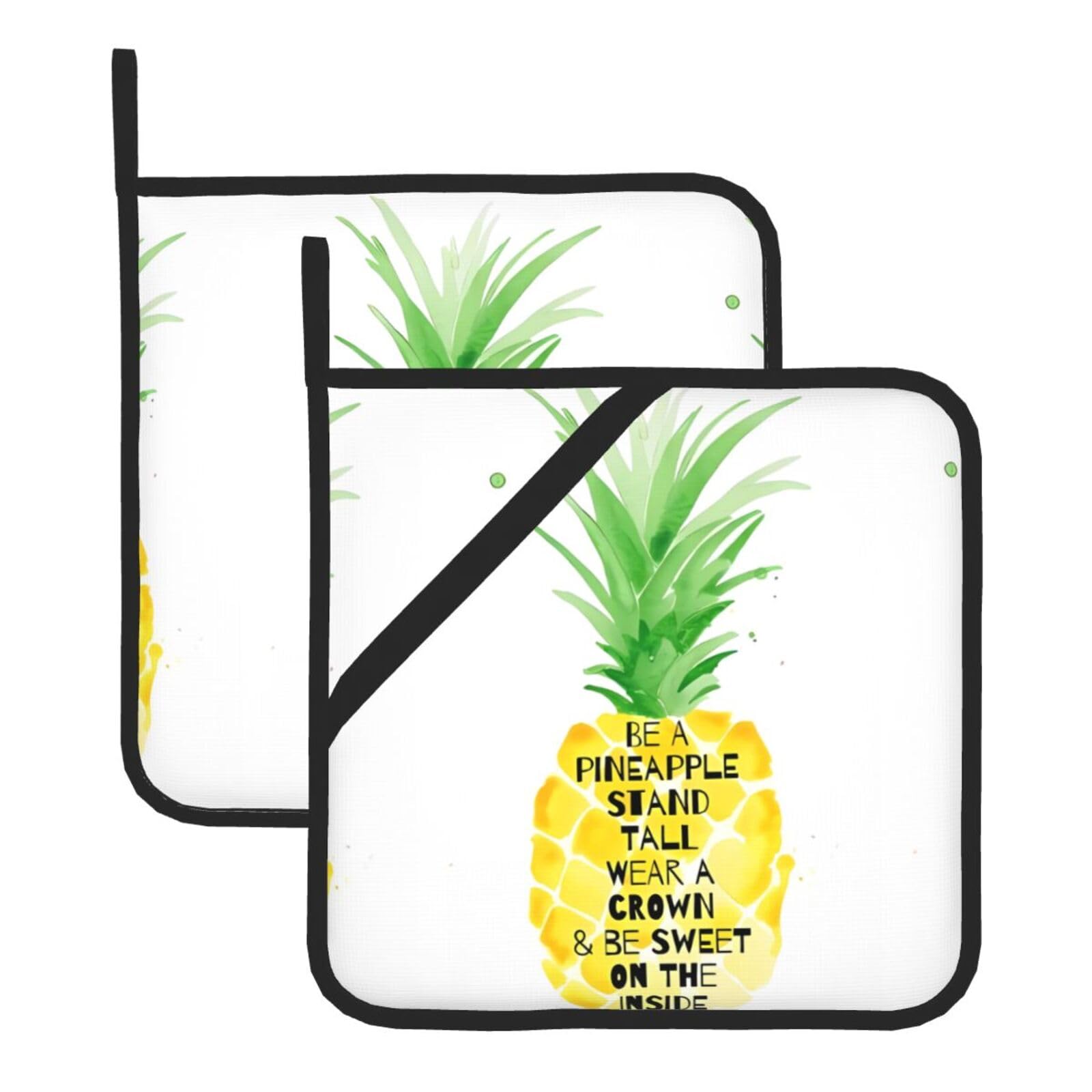 WHJDPP Be a pineapple Prints Square Hot Pads for Kitchen Counter - Waterproof Pot Holders Set of 2, Heat Resistant Trivets with Pocket & Hanging Loop for Serving, Oven & BBQ
