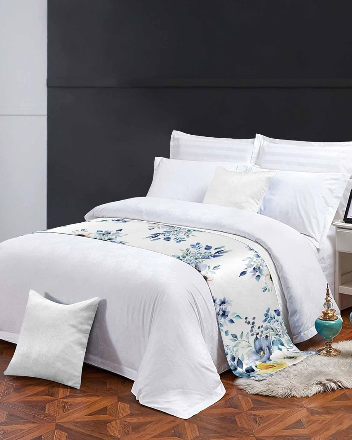 Blue Eucalyptus Bed Runner Scarf Bedding Accessory For Queen Size Bed,Soft Bed Scarves And Runners Stainproof Bedroom Decor For Hotel Wedding Room,Botanical Floral Flower Leaf Watercolor 94"x20"