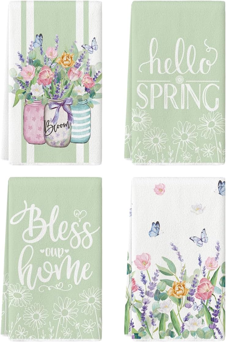 Artoid Mode Green Tulip Violets Flowers Spring Kitchen Towels Dish Towels, 18x26 Inch Farmhouse Decoration Hand Towels Set of 4