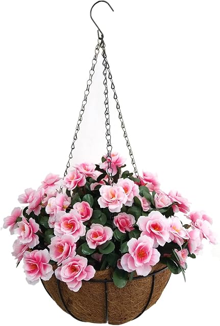 Indoors and Outdoors Silk Pink Flowers Chain Hanging Basket with Flowerpot Fake Rhododendron DIY Artificial Flowers Azalea (Big Basket)