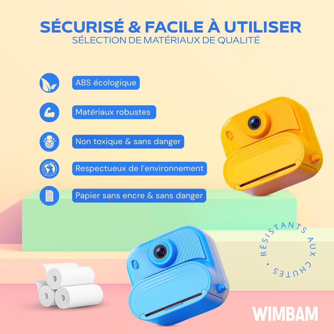 Appareil Photo Instantané Enfant, 1080P HD Appareil Photo Numérique Enfant avec Papier d'impression - Écran 2.0", Mode Selfie et Video, 4 Jeux, Cadeau Jouet pour Filles Garçons 3-12 Ans (Bleu)