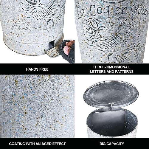 Image of Z&Z ornamentorum Retro Kitchen Trash Can with Lid 15 Liter /4 Gallon and Pedal Round Touchless Garbage Cans with Rooster Patterns Outdoor Trash Can for Kitchen Park Garden Grey