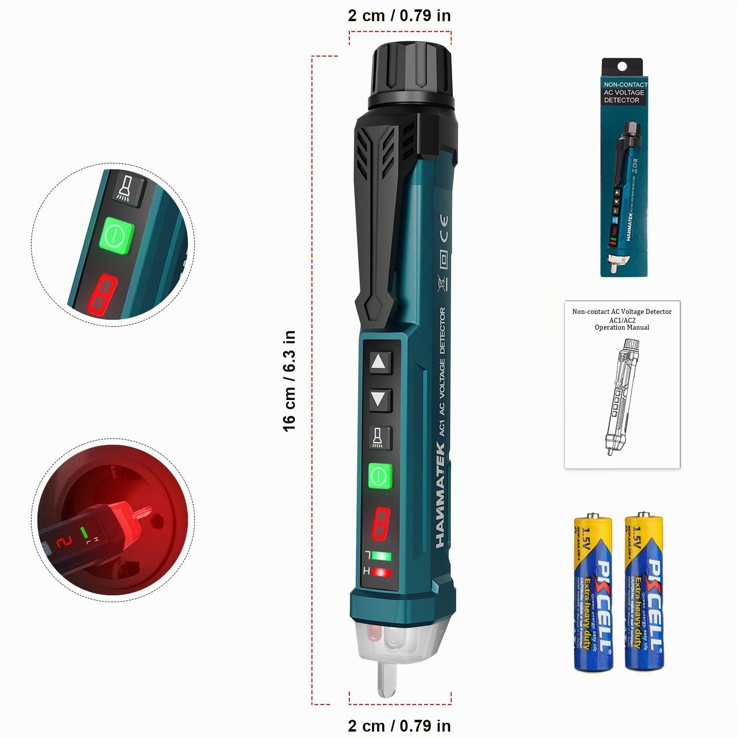 Rilevatore di tensione senza contatto, HANMATEK AC1 Sensibilità Regolabile/Display LCD/LED Torcia elettrica/Doppia portata 12 V/48 V-1000 V