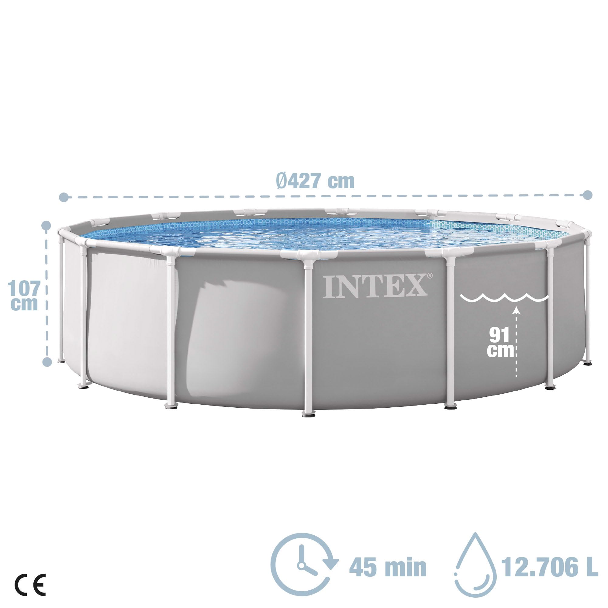 Intex - Piscina Desmontable, Gris, D427x107 cm, Capacidad para 12.706 litros, Escalera, Tapiz, Cobertor, Estructura metálica, Montaje 45 Minutos, Conexiones Ø32 mm (56083)