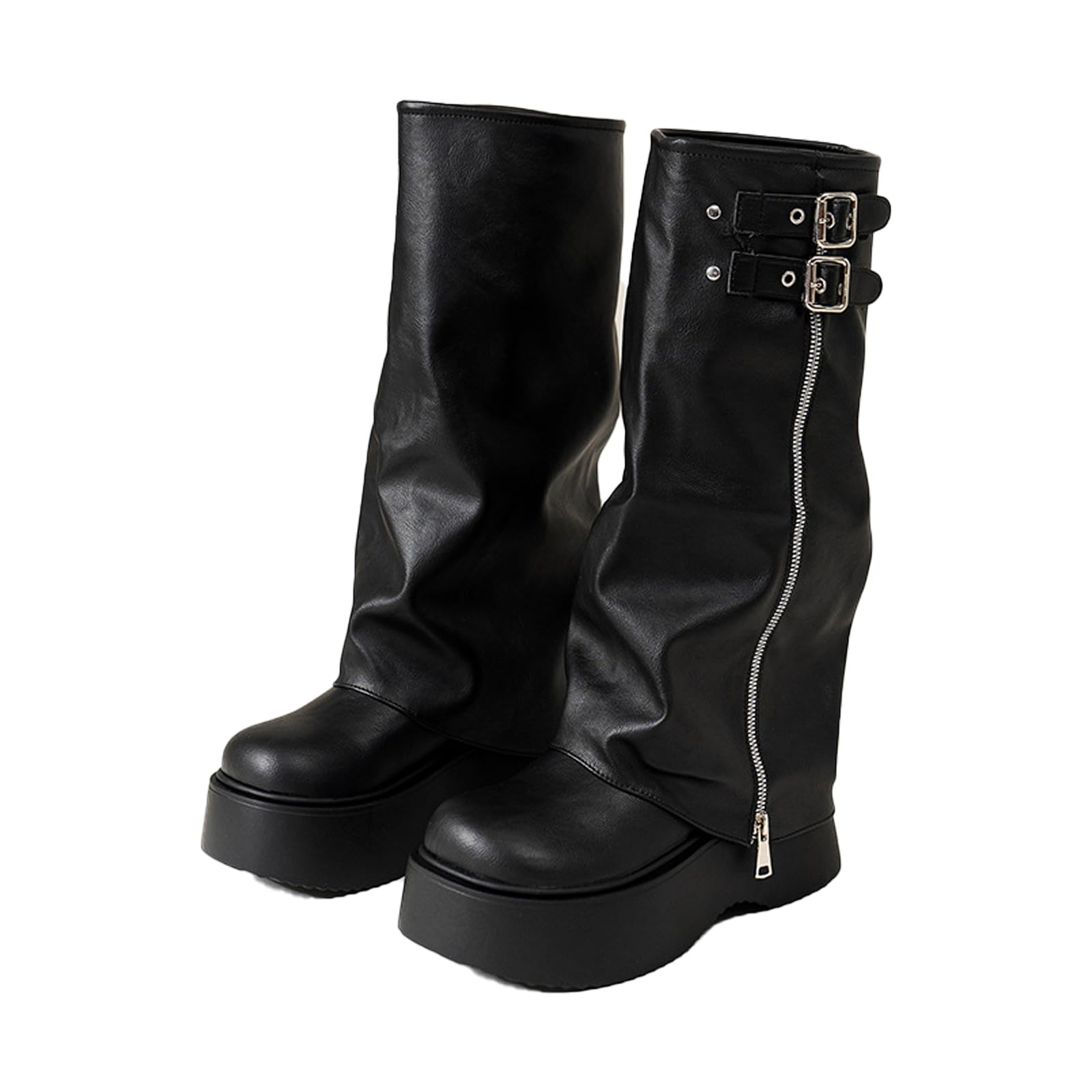 Knee High Boots for Women Wide Calf Foldover Square Toe Chunky Block Tall Low Heel Buckle Comfortable Slip