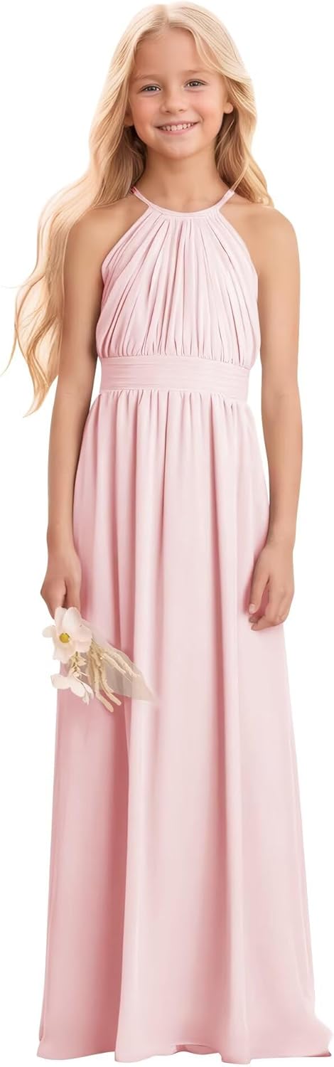 Kids Girls Junior Bridesmaid Dresses Chiffon A-line Long Flower Girl Dress for Wedding Party Pageant Gown