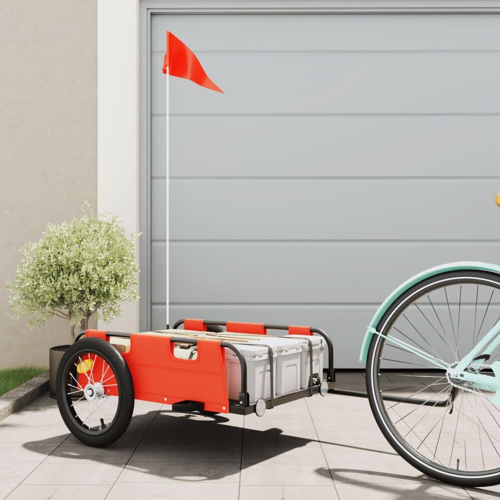 Remolque de bicicleta naranja de tela Oxford y hierro con recubrimiento en polvo, 126 x 63 x 36 cm, 45 kg, con reflector y bandera de seguridad para transporte, compras y uso al aire libre