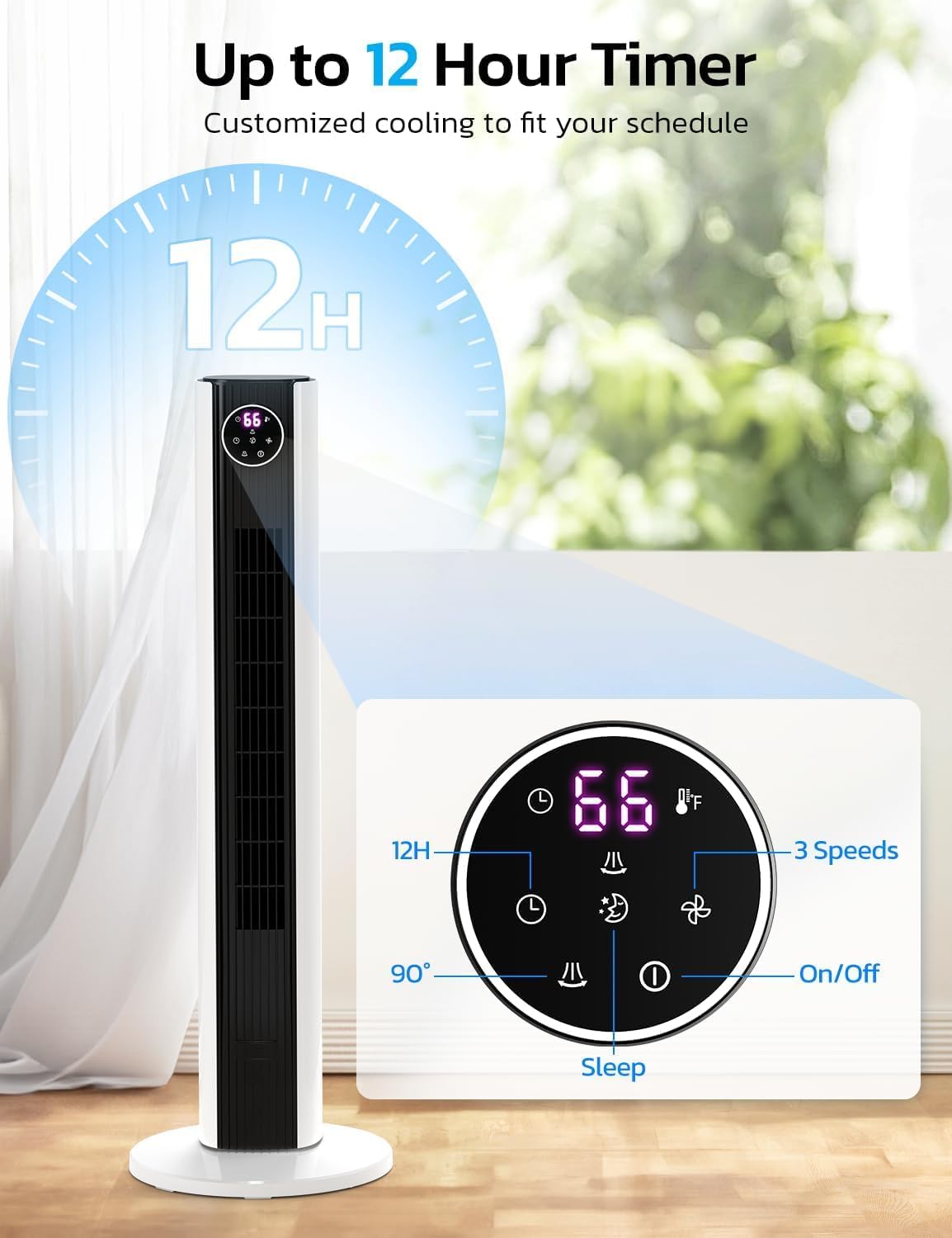 ZAFRO Tower Fan for Bedroom, 37”Standing Fans with Remote, 90° Oscillating Fan with 12H Timer, Bladeless Fan with 4 Modes & 3 Speeds, BLACK+WHITE