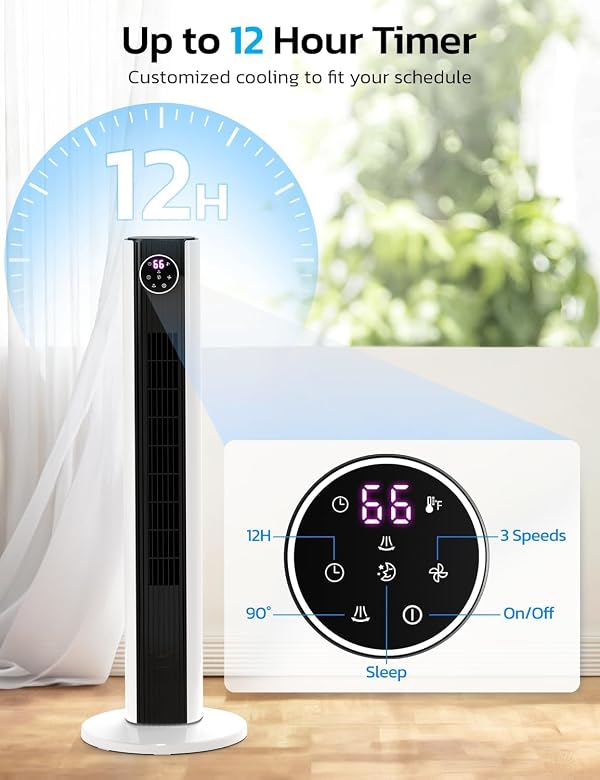 ZAFRO Tower Fan for Bedroom, 28dB Quiet Oscillating Fan with 6 Speeds, 4 Modes, 25ft/s Velocity, 90° Oscillation & 12H Timer 37" Standing Fan for Home, Living Room & Office, Black+White by ZAFRO - Used condition - Image 4