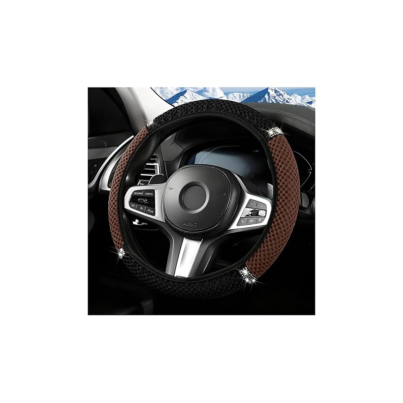 Capa para Volante Guilcam com Strass, Tecido Ice Silk e Elástico para Volantes de 36,8 a 38,1 cm, Preta/Marrom