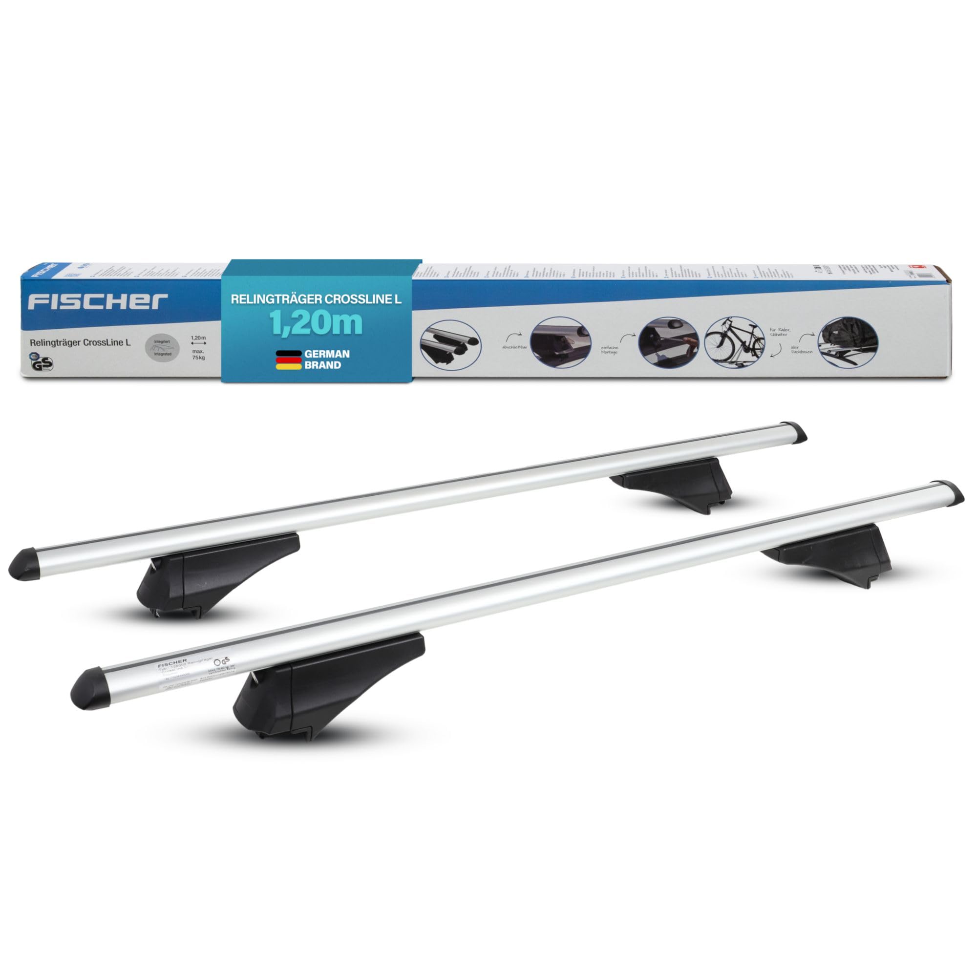 FISCHER Barre portapacchi CrossLine L, per portabici, box da tetto o portasci, per portapacchi integrati, portata 75 kg, premontate, con serratura, spessore 45 x 28 mm, lunghezza barra: 120 cm