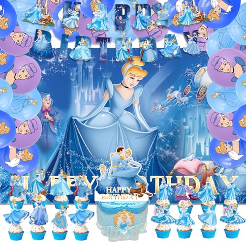 42pcs Cinderella Party Supplies Pack Includes，Banner，Cake Topper，Blackdrop,Balloons for Cinderella party Decoration