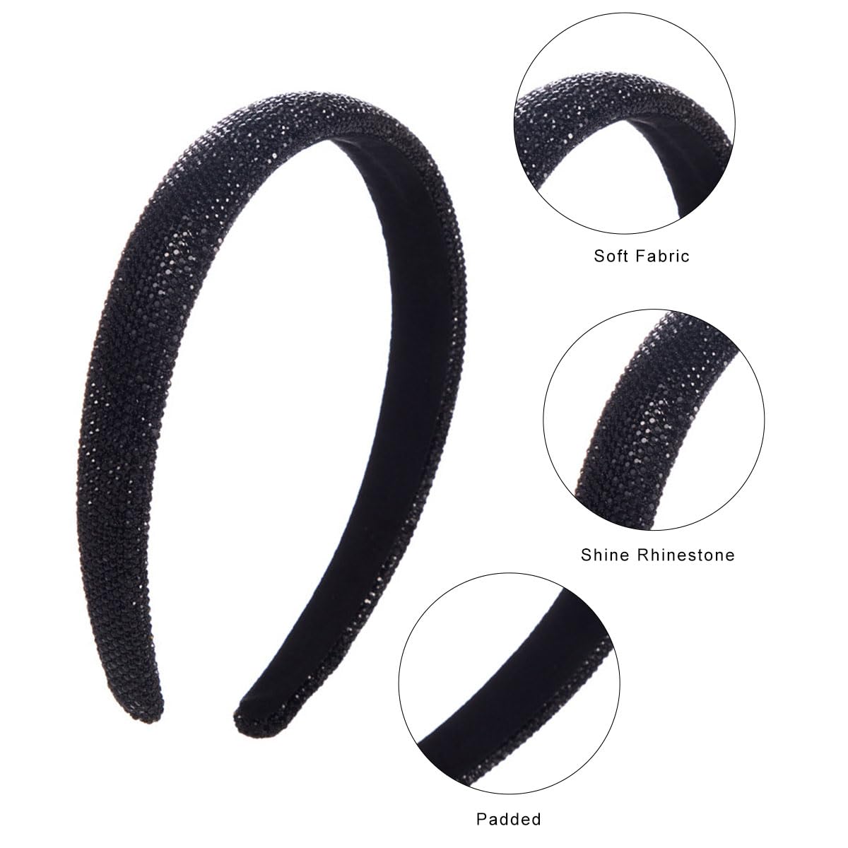 Black Hair Bands Non-Slip Rhinestone Embellished Hairbands Padded Wide Head Band for Women 26520, Black B - Image 3