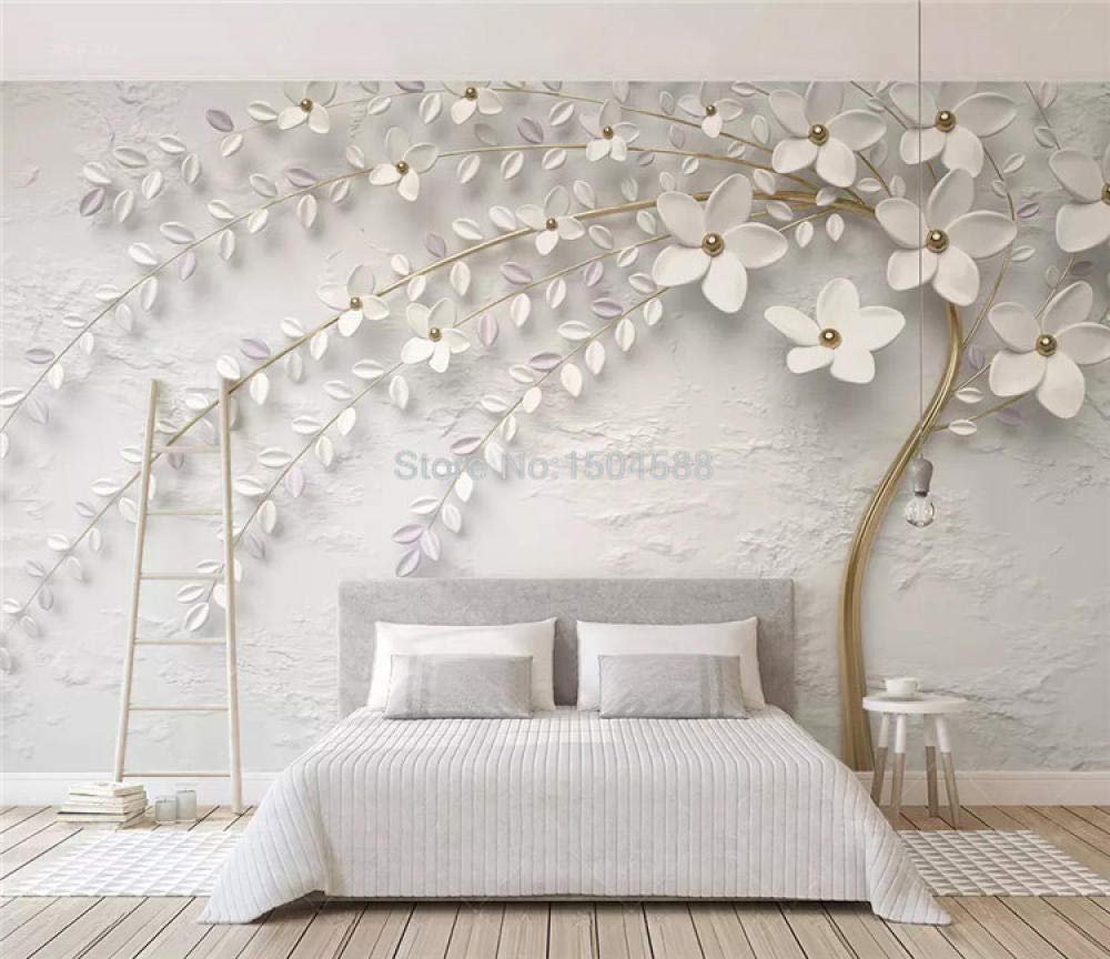 Papier peint tridimensionnel fleur blanche pour masquer un mur abîmé et illuminer une pièce