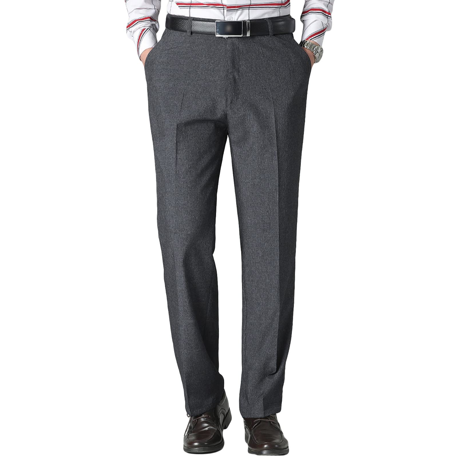 Maiyifu-GJ Men's Solid 4-Way Stretch Pant Straight Fit Flat Front Dress Pant Business Lightweight Ultra Loose Casual Pants (Dark Grey,37)