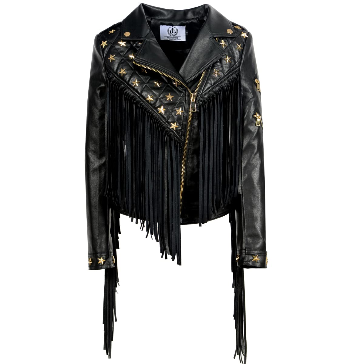 Women's black classic tassel leather jacket Studded rivet Sexy motorcycle coat