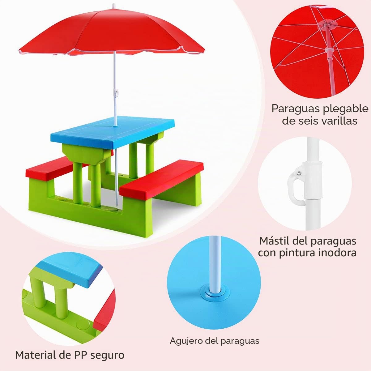 RELAX4LIFE Set de Mesa y Sillas para Niños, Mesa de Picnic con Sombrilla, Mesita y Bancos para Exterior para Jardín, Terraza y Balcón (Modelo 1)
