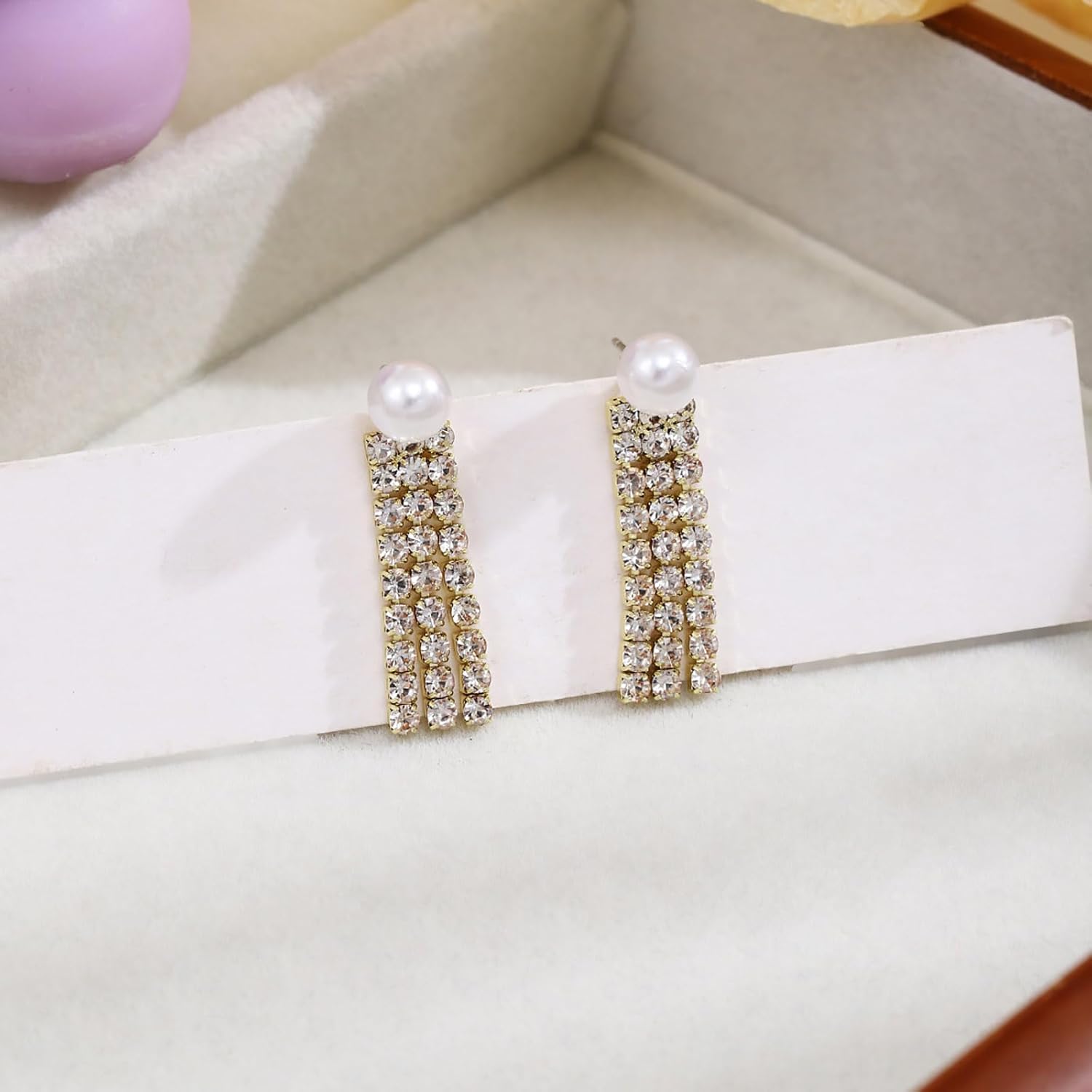 W WEILIRIAN Crystal Tassel Drop Earrings Boho Pearl Stud Earrings Cz Tassel Chain Earrings Gold Bridal Tassel Dangle Earrings Rhinestone Pearl Wedding Earrings Jewelry for Women - Image 4