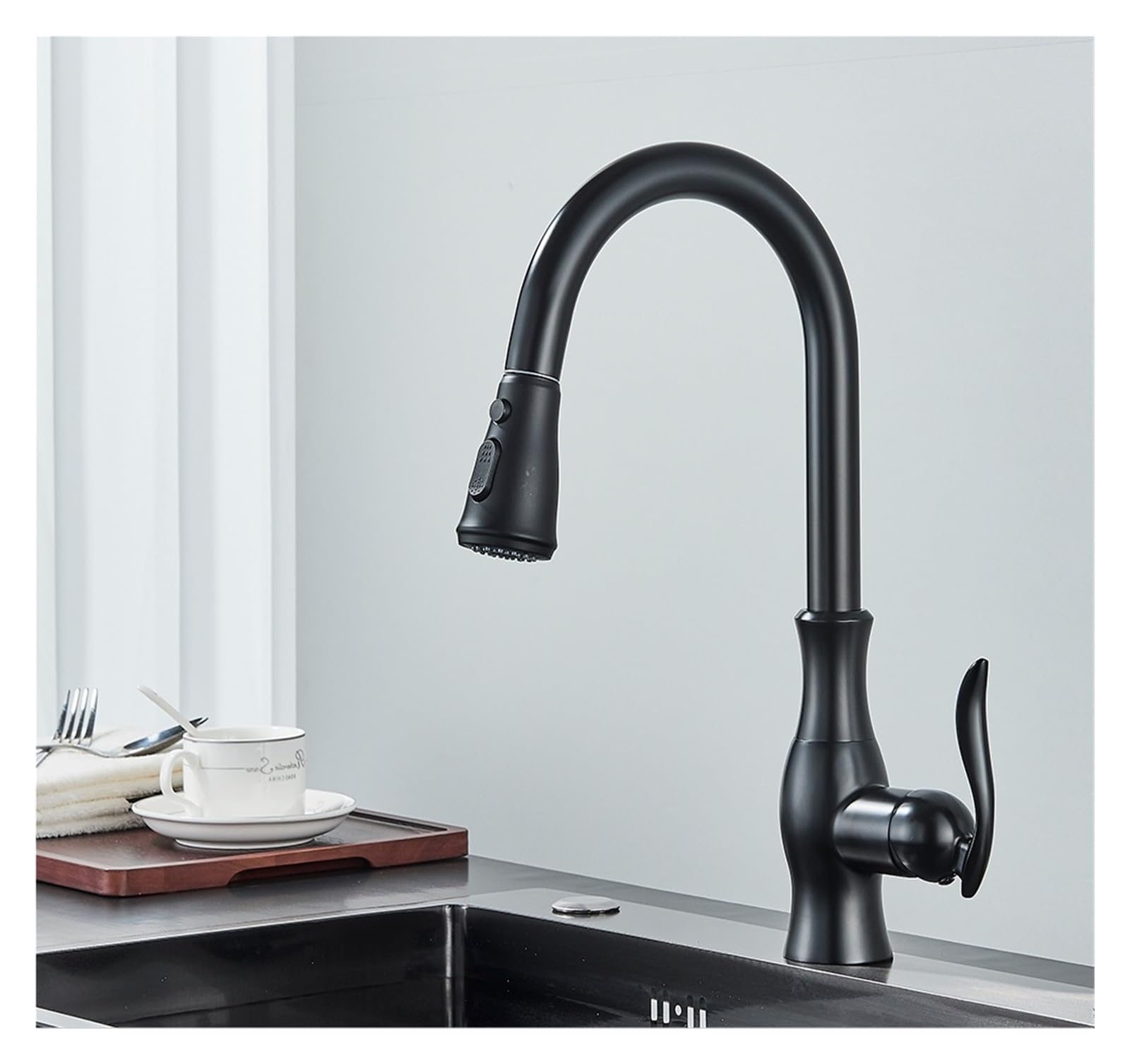 Robinet de cuisine extractible noir pivotant à 360° avec mitigeur eau chaude et froide