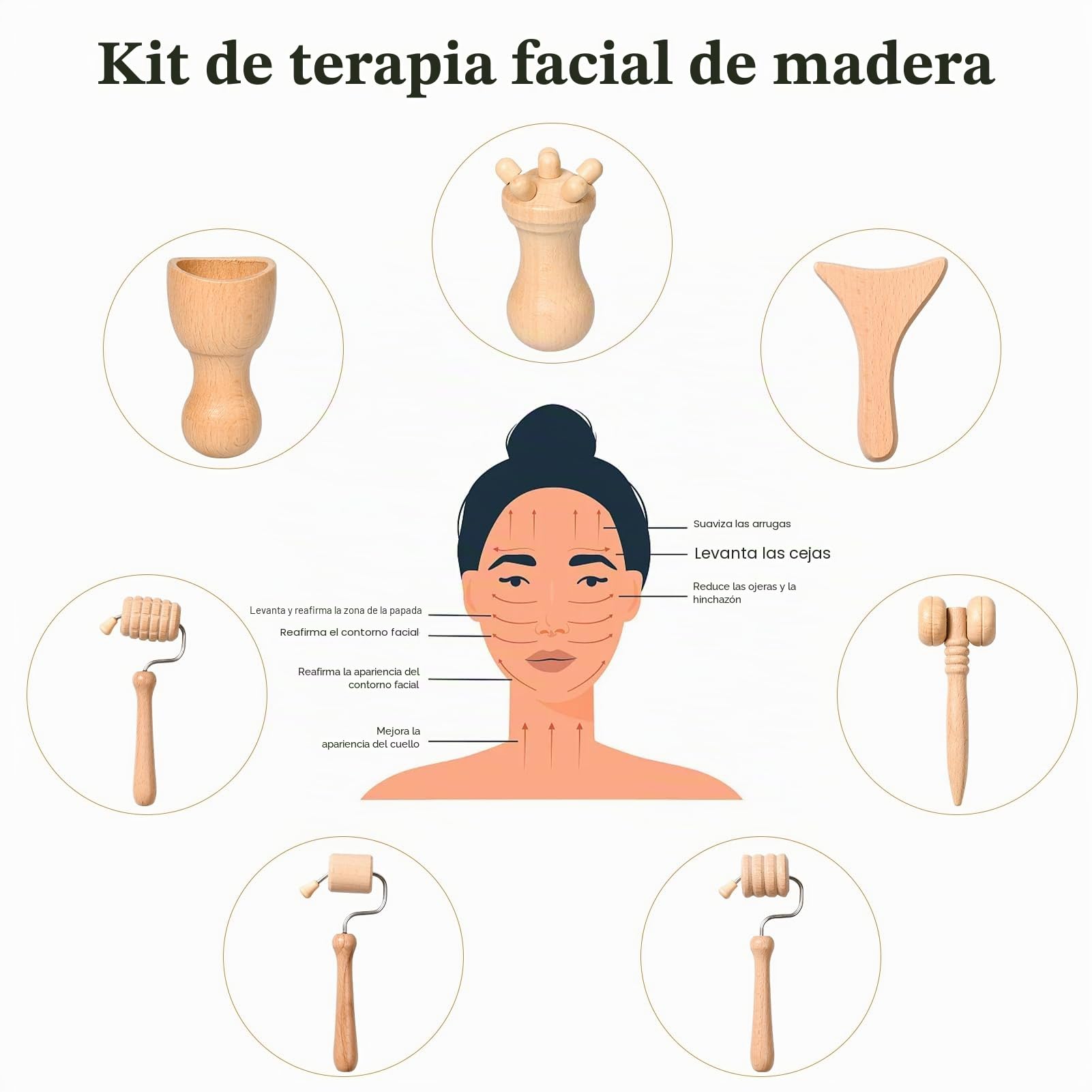 Kit Maderoterapia, Masaje Maderoterapia Madera Rodillo Facial, Maderoterapia Corporal Taza De Masaje Sueco De Madera, Guasha Facial Champiñon Maderoterapia para Cara, Cuerpo y Cabeza (7)