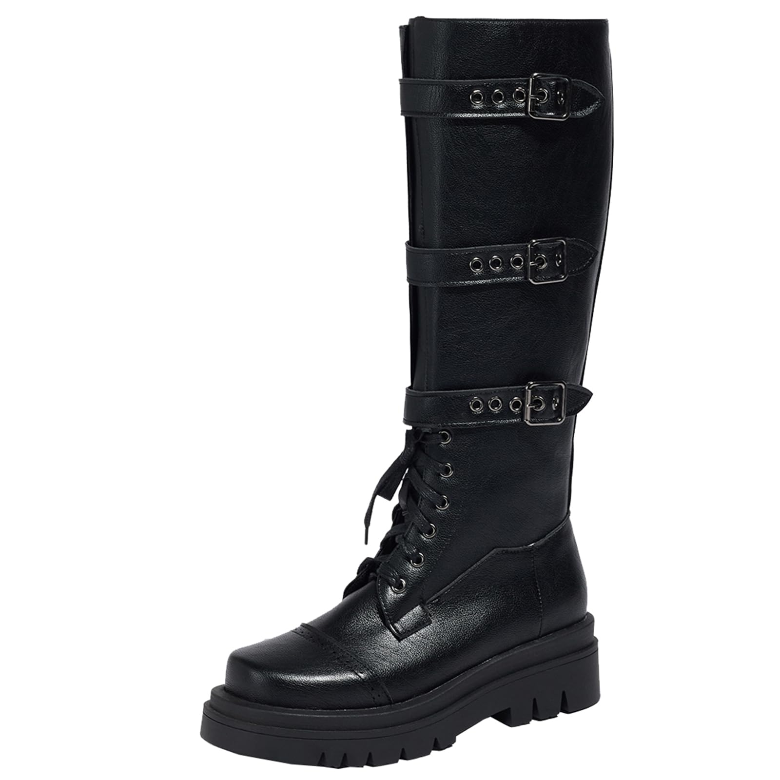 Womens Round Toe Knee Laced Biker Boots with Metal Buckle Decoration and Comfortable Flat Heel