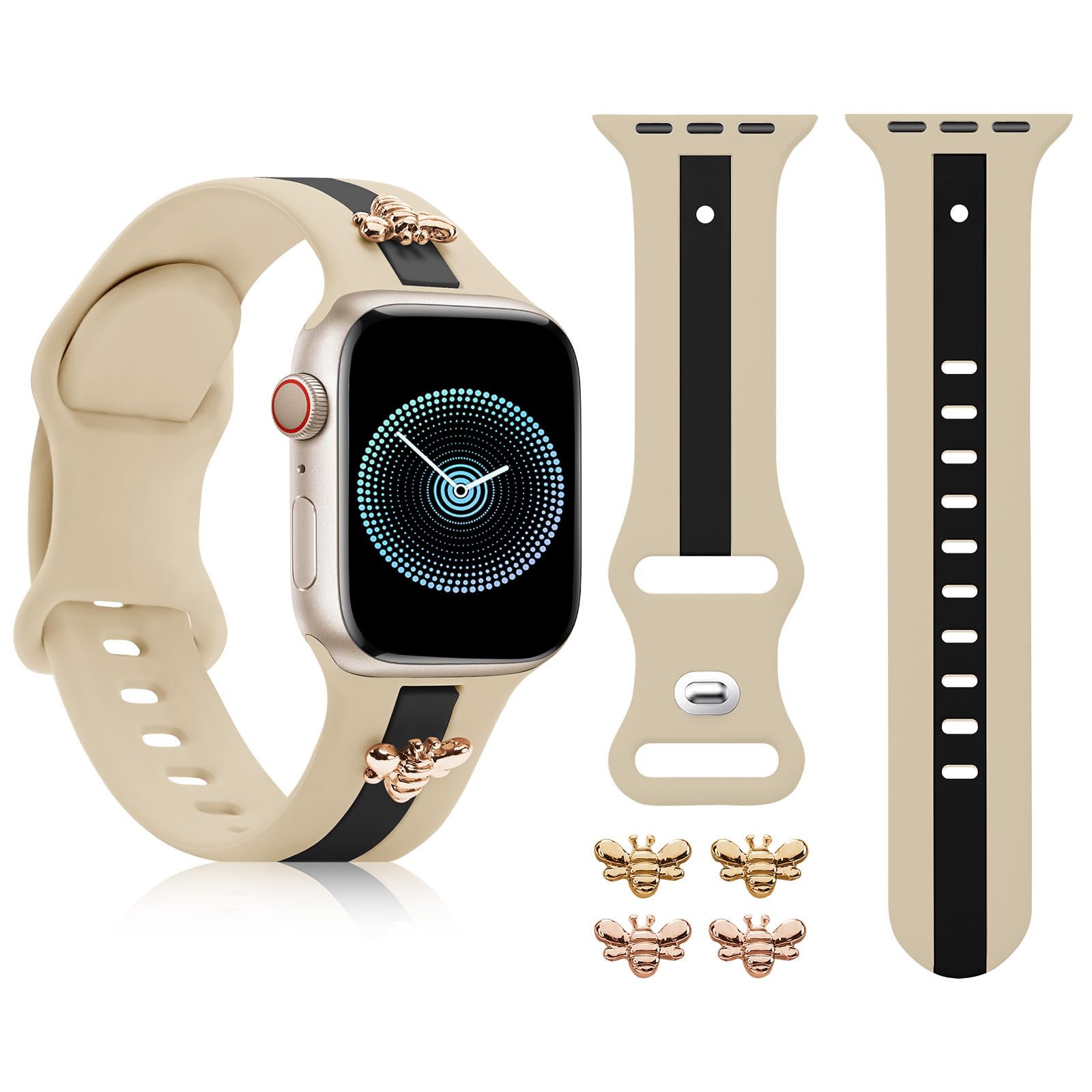 Silicone Band for Apple Watch Band 38mm 40mm 41mm with 2 pairs of Bee Charms Decor Gold RoseGold, Designer Sport Strap for iwatch Bands Series 9 8 7 6 5 4 3 2 1 SE Ultra Women Girl - Khaki_Black