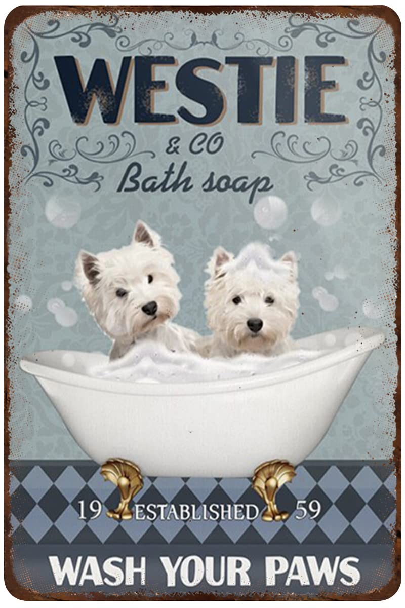 Dreacoss Women's Earth Tones Rustic Retro Metal Tin Sign Westie Dog Bath Soap Company Dog Lover Gift Vintage Bathroom Decor Plate Plaque Metal Tin Sign Birthday Anniversary Housewarming Gift For Men 12X8 Inch
