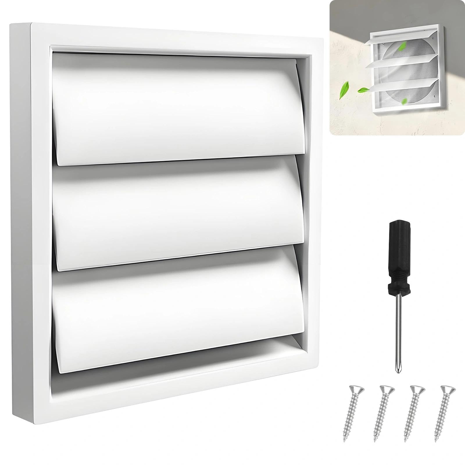 140mm x 140mm External Wall Air Vent Cover, White Gravity Grille with Flyscreen, Exhaust Vent for Extractor Fan & Tumble Dryer, Bathroom Kitchen Garage Attic Vent, Includes Screwdriver