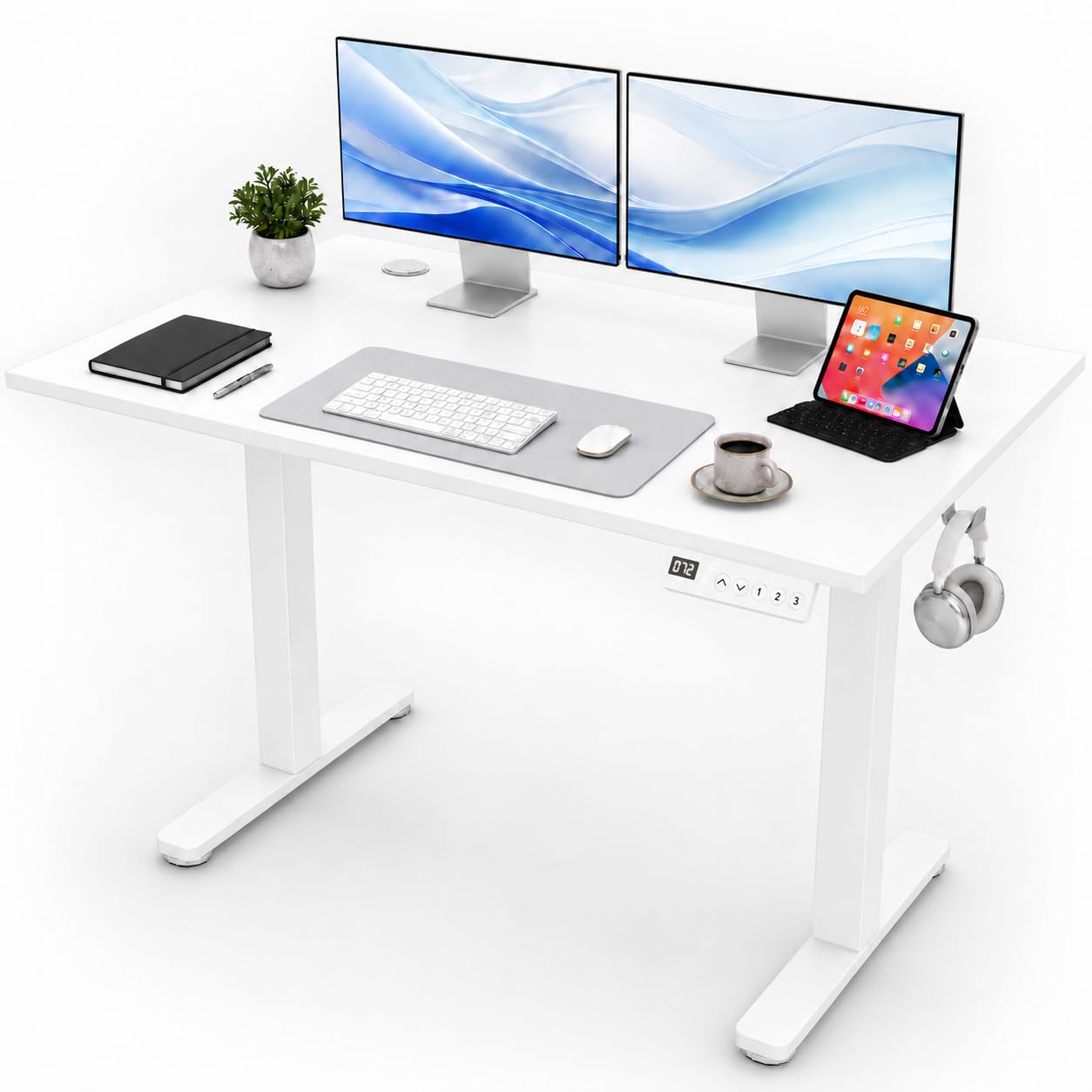 Claiks Electric Standing Desk 120x60cm Height Adjustable Desk with 3 Memory Presets & Sit Stand Reminder, Quiet Home Office Computer Desk with LED Display, Cable Holes & Hooks, White