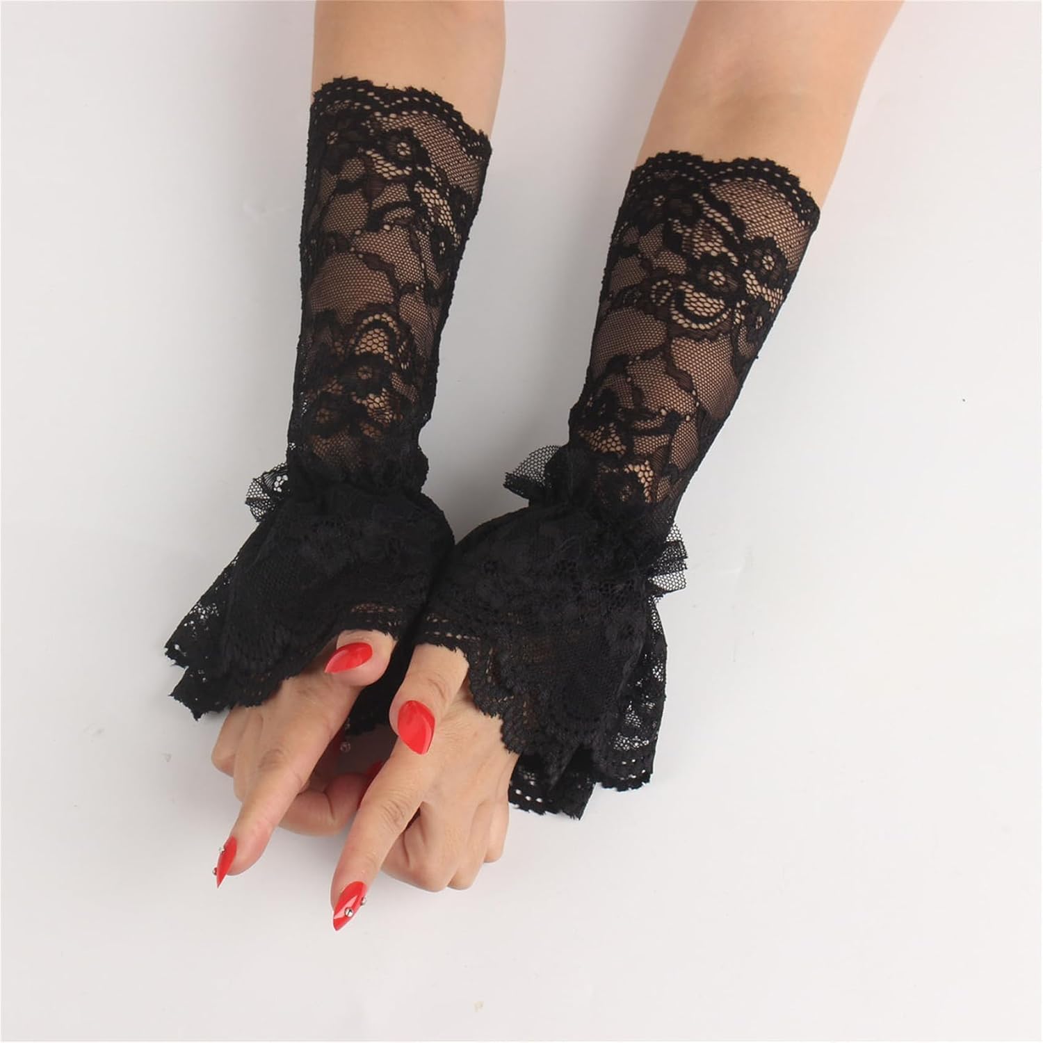 Women Gothic See Through Flared Arm Warmers - Lace Fingerless Floral Fancy Forearm Arm Sleeves Gloves, Opera Party