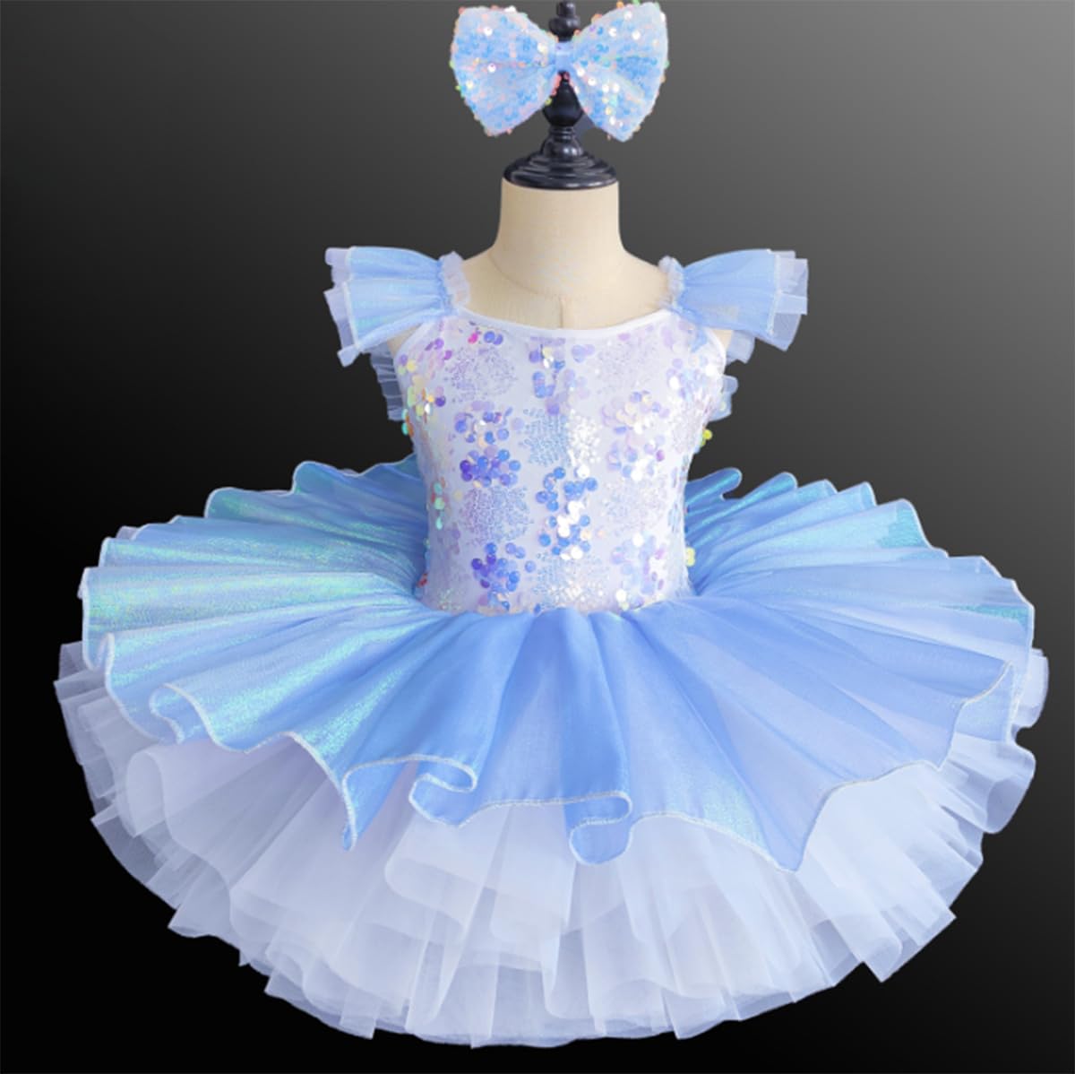 Ballerina-Kostüm für Mädchen, Tüll-Tutu, Ballett-Wettbewerbskleid | Tutu Kinderkostüm Kleiner Schwan mit Rüschenärmeln Spitze Stickerei und Pailletten