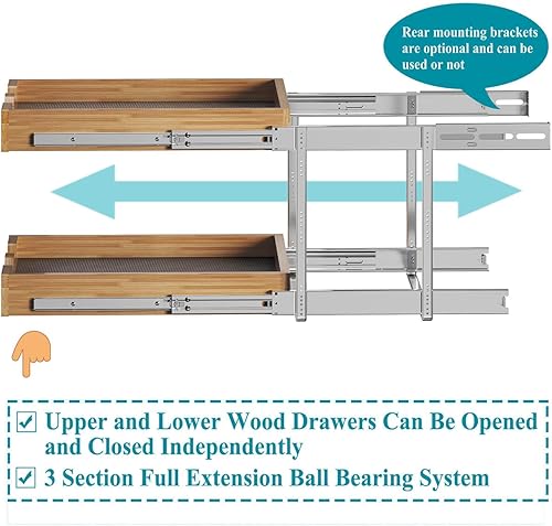 Miniatura 5 de OCG Cajones extraíbles de 2 niveles para gabinetes, organizador de gabinete de madera deslizante de doble nivel, estantes extraíbles para