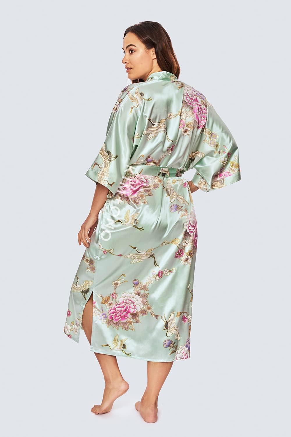 KIM+ONO Plus Size Luxury Kimono Robe for Women | Long Satin Floral Robe | Chrysanthemum & Crane Mist | Original Design - Image 4
