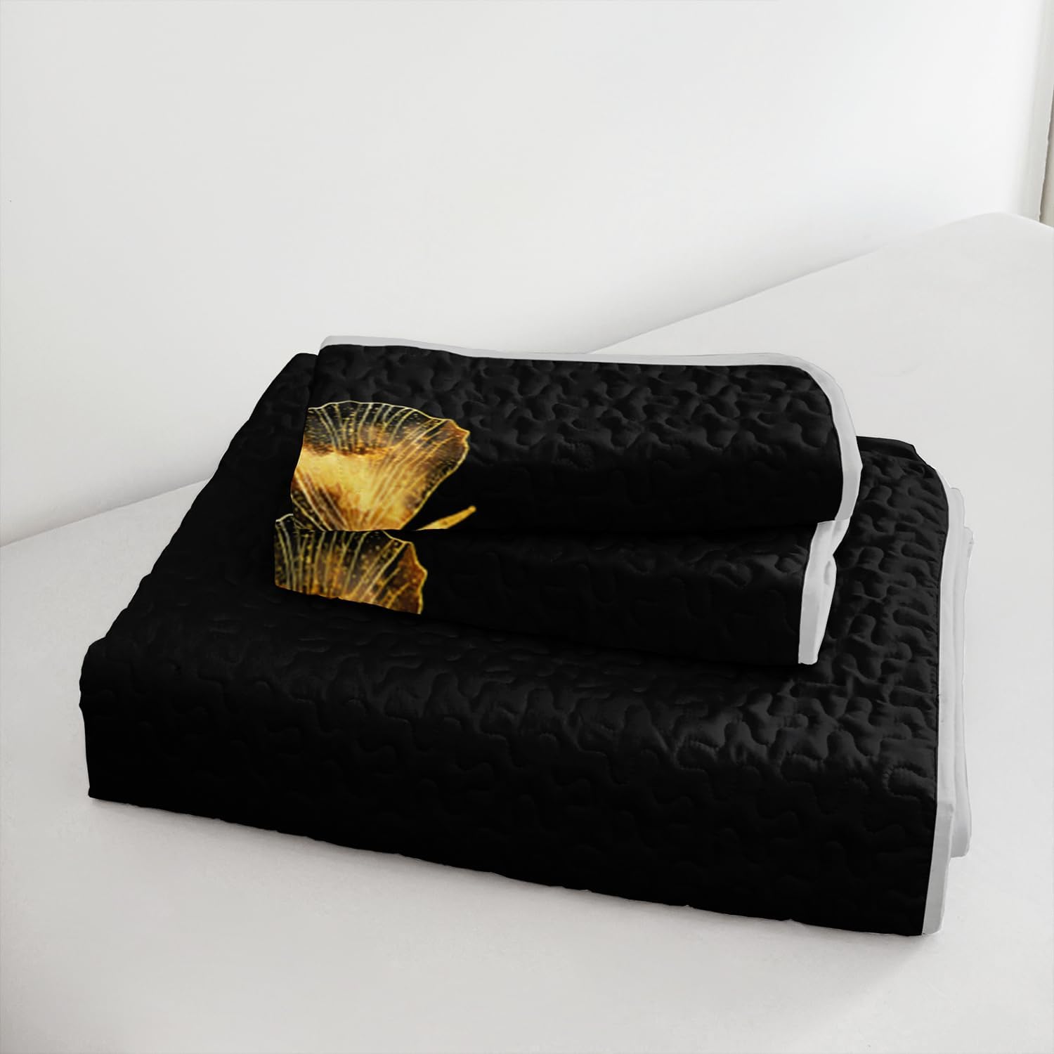 Black Queen Size Quilt Set,Gold Butterfly Pattern Bedding Set for Kids Girls Boys Room Decor,3 Piece Lightweight Soft Summer Bedspread Coverlet with 2 Pillowcases for All Season.