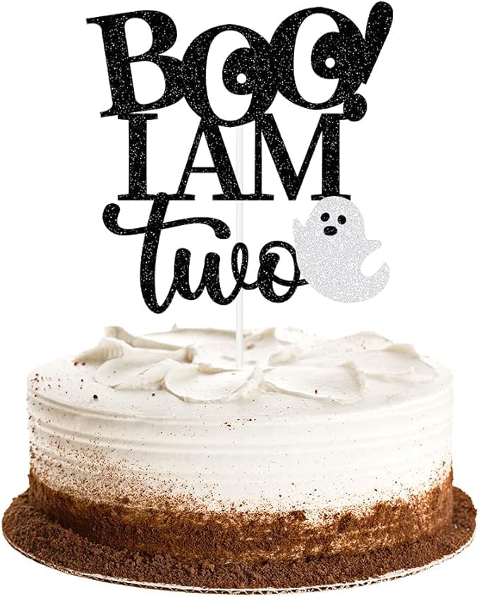 Image of Boo I'm Two Cake Topper | 2nd Birthday Party Black Glitter Cake Topper | Second Birthday Photo Props | Halloween Party Decoration Supplies | Cake Decorations With Ghost